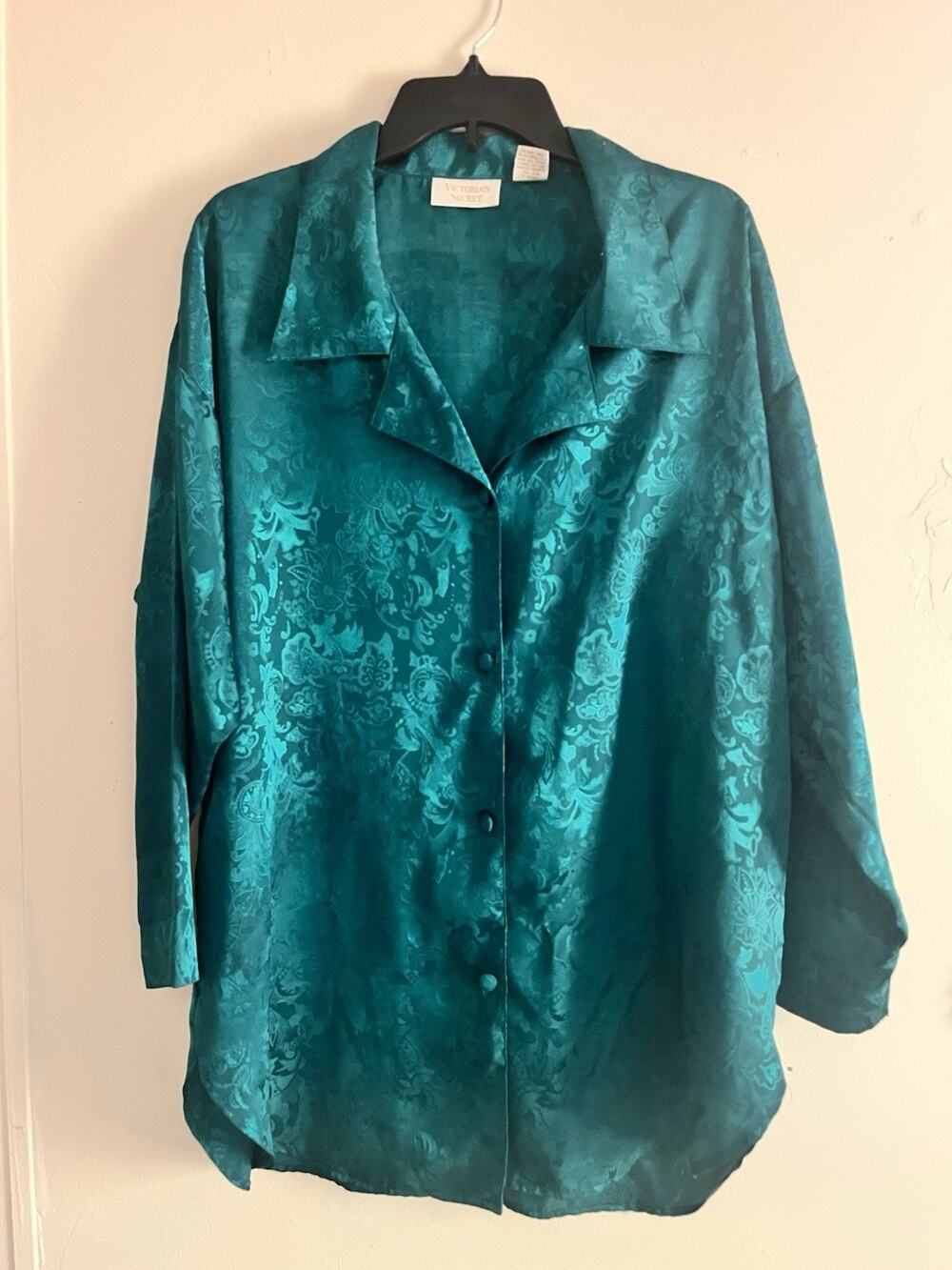 Victoria's Secret Teal Vintage Satin Jacquard Sleepwear shirt Button Down M/L